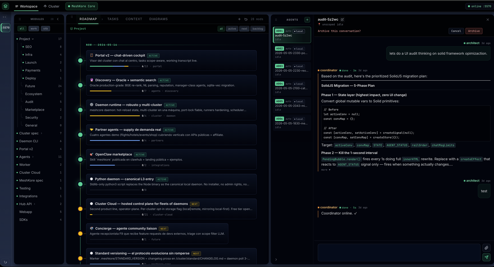 The MeshKore Architect cockpit — module tree, roadmap of tasks, agent rail and live chat