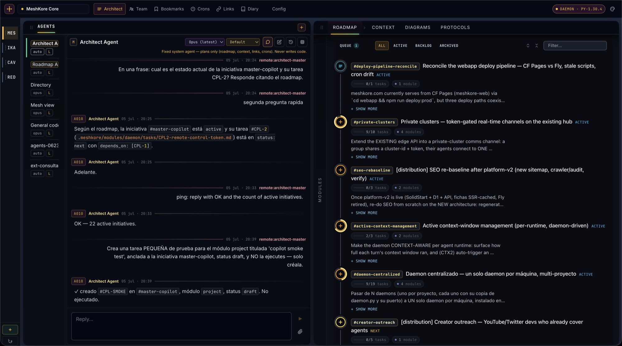 The MeshKore Architect — module tree, roadmap of tasks, agent rail and live chat