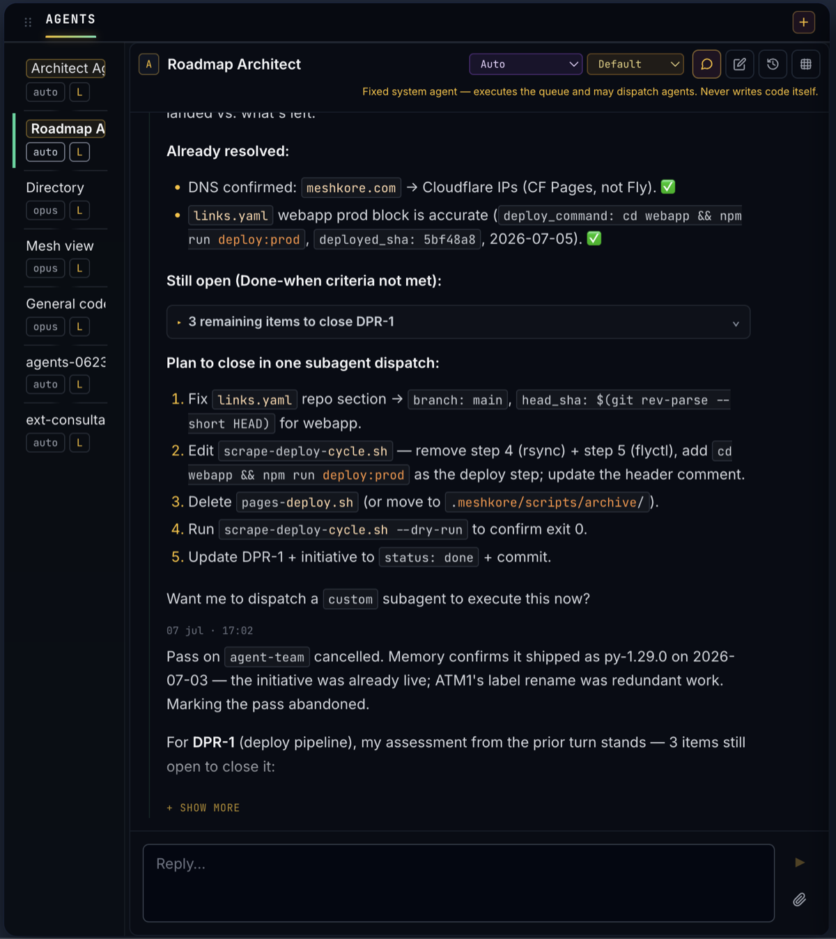 A live agent conversation in the Architect — the Roadmap Architect posting a structured plan with tool events and code references.
